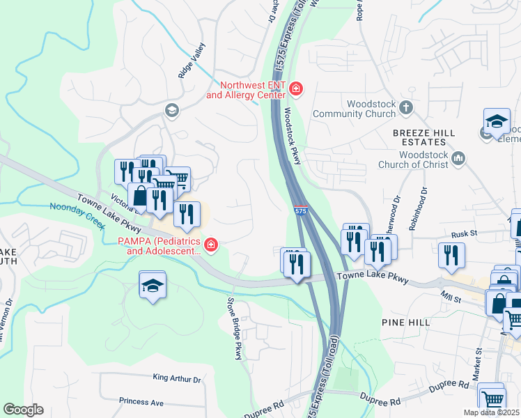 map of restaurants, bars, coffee shops, grocery stores, and more near 152 Stoneforest Drive in Woodstock