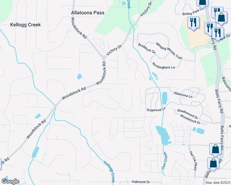 map of restaurants, bars, coffee shops, grocery stores, and more near 404 Queensbury Place in Acworth