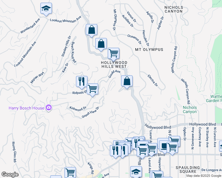 map of restaurants, bars, coffee shops, grocery stores, and more near 8160 Mannix Drive in Los Angeles