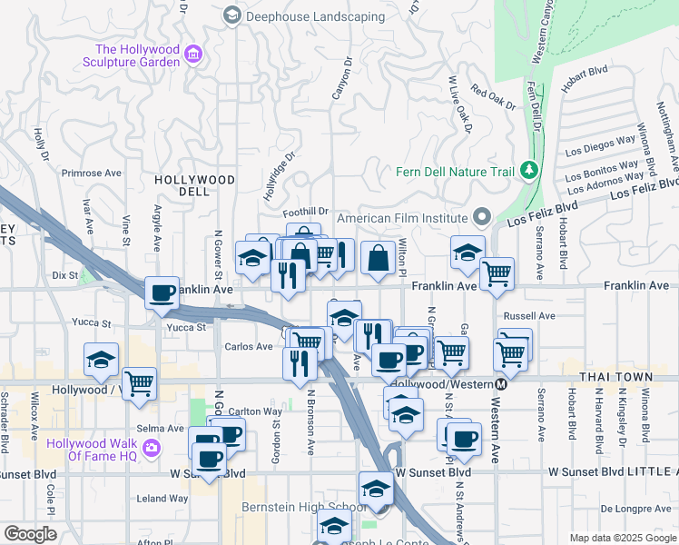 map of restaurants, bars, coffee shops, grocery stores, and more near 1918 Canyon Drive in Los Angeles
