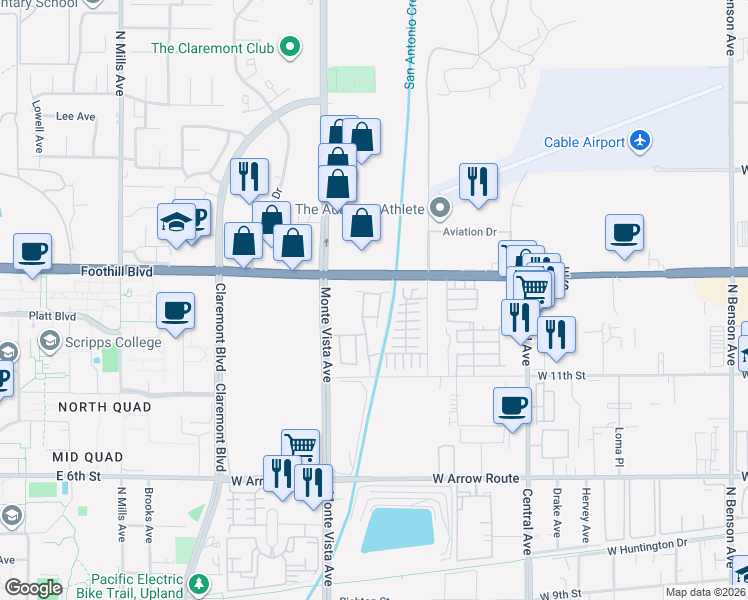 map of restaurants, bars, coffee shops, grocery stores, and more near 891 Julie Place in Upland