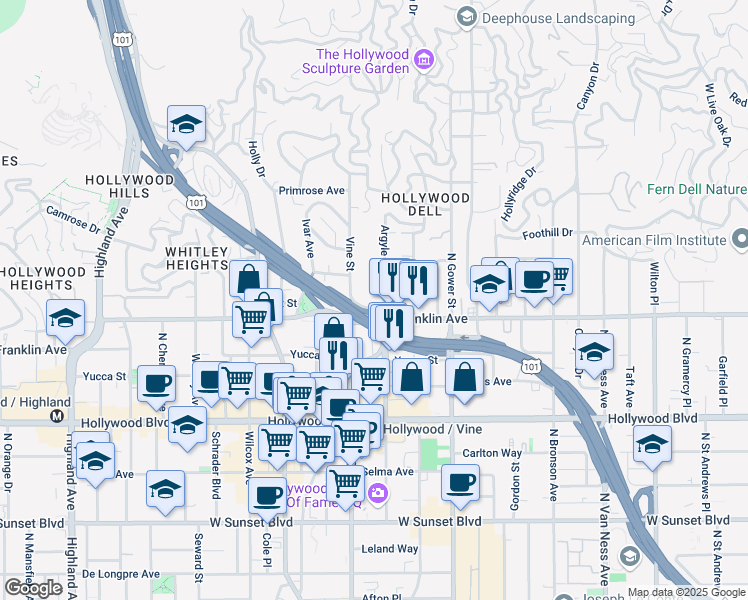 map of restaurants, bars, coffee shops, grocery stores, and more near 1919 Argyle Avenue in Los Angeles