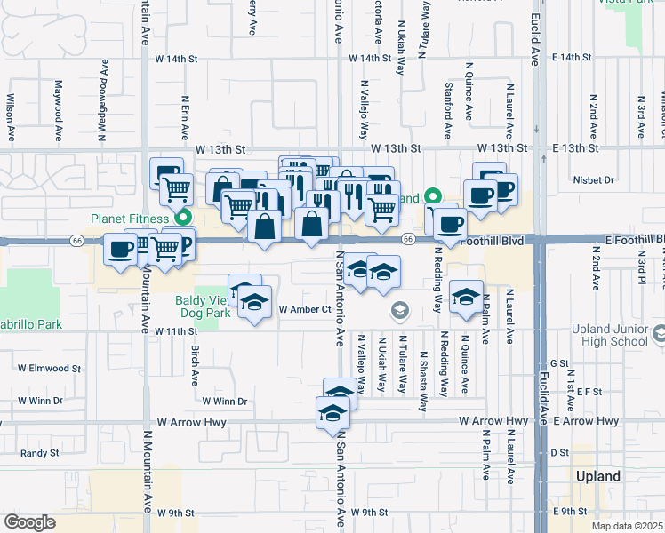 map of restaurants, bars, coffee shops, grocery stores, and more near 811 Orchid Court in Upland