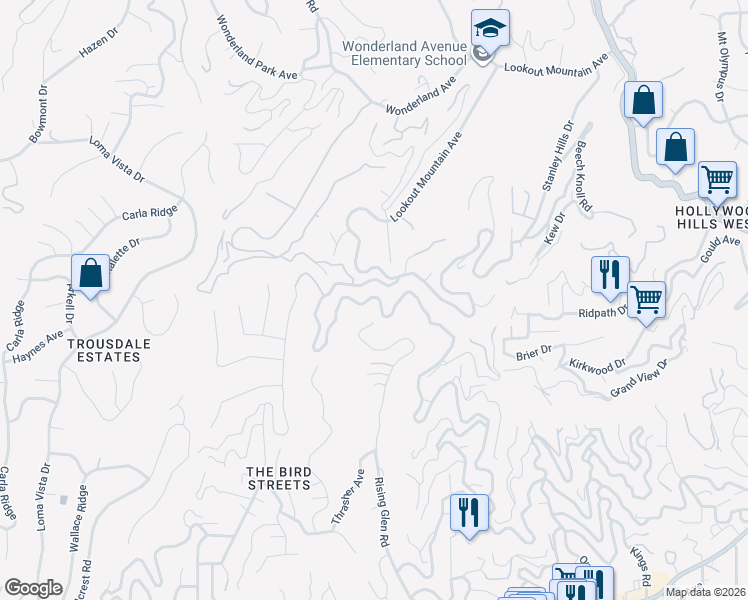 map of restaurants, bars, coffee shops, grocery stores, and more near 2137 Sunset Plaza Drive in Los Angeles