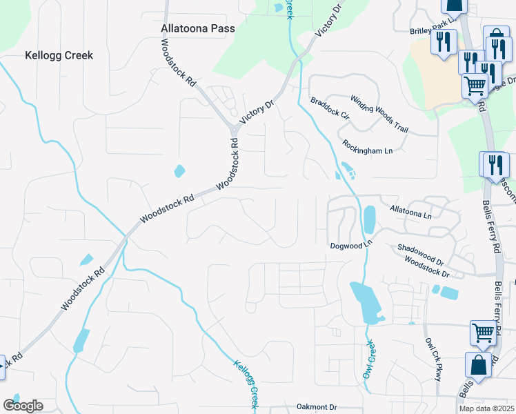 map of restaurants, bars, coffee shops, grocery stores, and more near 404 Queensbury Place in Acworth