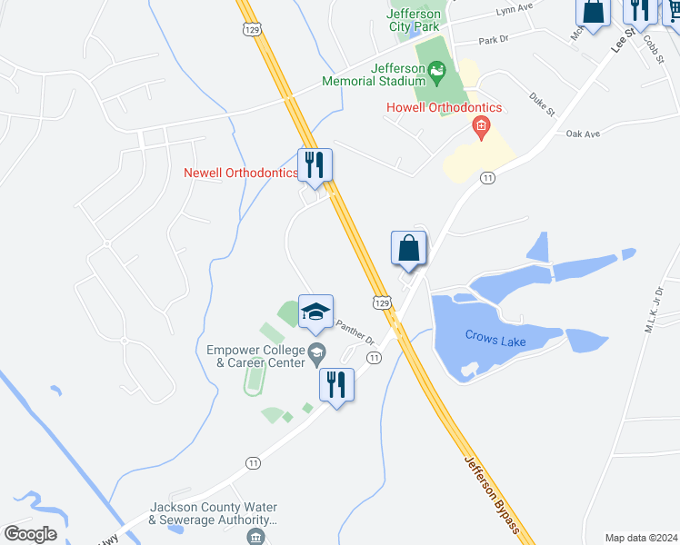 map of restaurants, bars, coffee shops, grocery stores, and more near 1660 Winder Highway in Jefferson