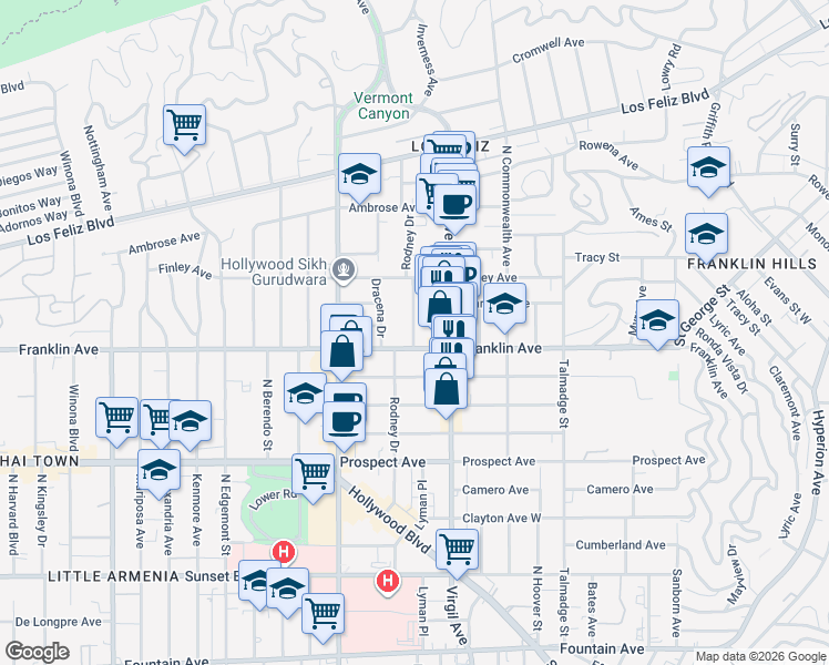 map of restaurants, bars, coffee shops, grocery stores, and more near 4521 1/2 Franklin Avenue in Los Angeles