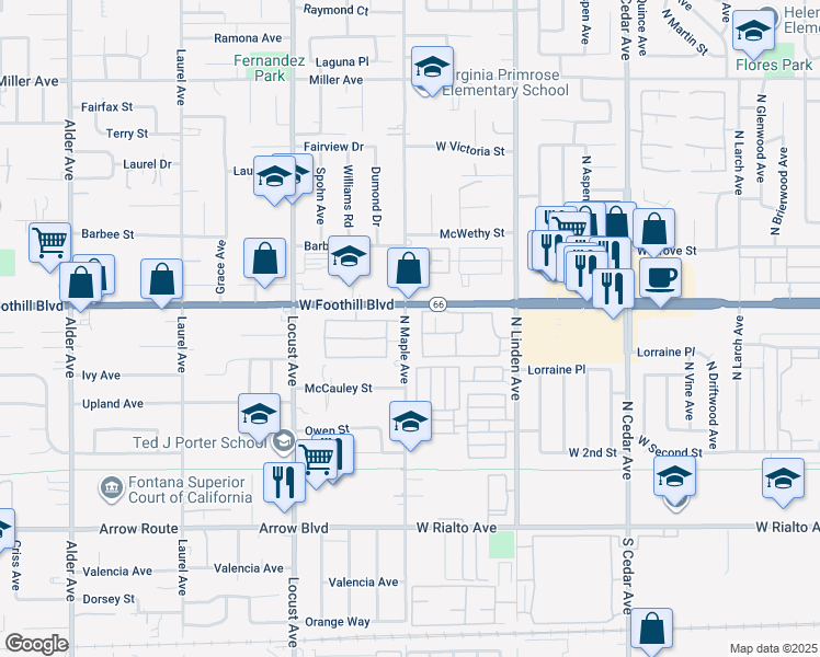 map of restaurants, bars, coffee shops, grocery stores, and more near 357 North Maple Avenue in Fontana