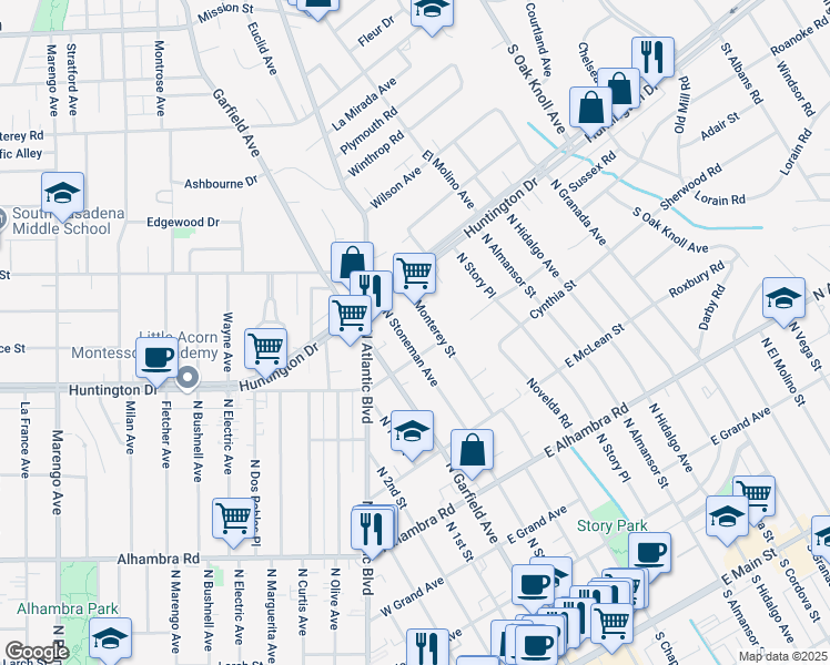 map of restaurants, bars, coffee shops, grocery stores, and more near 1118 North Stoneman Avenue in Alhambra