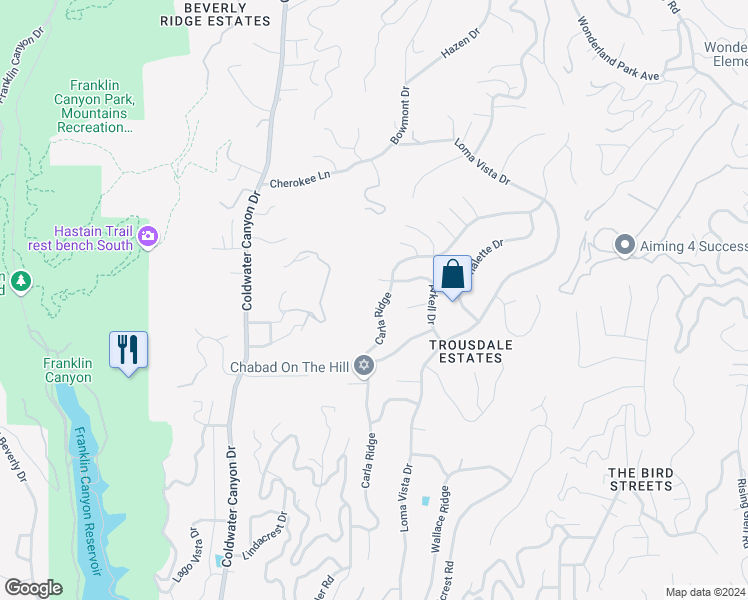 map of restaurants, bars, coffee shops, grocery stores, and more near 1650 Carla Ridge in Beverly Hills