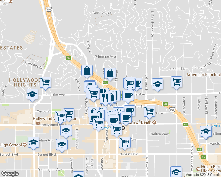 map of restaurants, bars, coffee shops, grocery stores, and more near Hollywood Fwy in Los Angeles