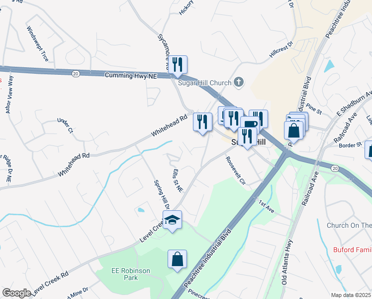 map of restaurants, bars, coffee shops, grocery stores, and more near 5050 Top Cat Court in Sugar Hill