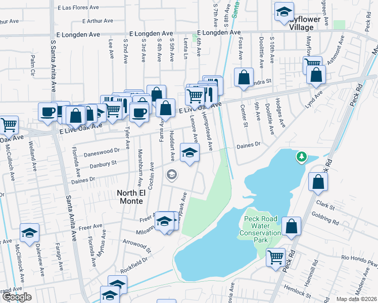 map of restaurants, bars, coffee shops, grocery stores, and more near 5601 Garypark Avenue in Arcadia
