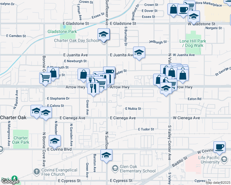 map of restaurants, bars, coffee shops, grocery stores, and more near 21042 East Arrow Highway in Covina