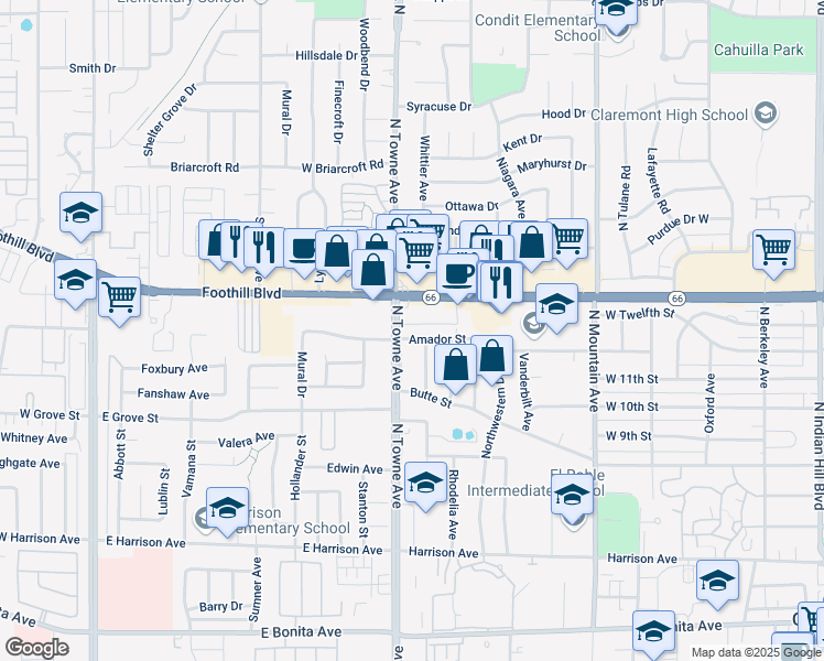 map of restaurants, bars, coffee shops, grocery stores, and more near 1075 Amador Street in Claremont