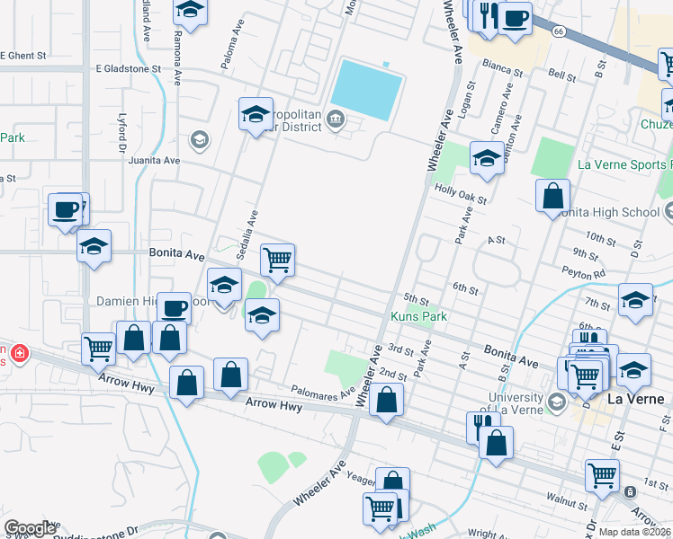 map of restaurants, bars, coffee shops, grocery stores, and more near 1408 5th Street in La Verne
