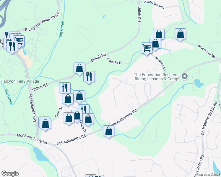 map of restaurants, bars, coffee shops, grocery stores, and more near 1360 Woodvine Way in Alpharetta