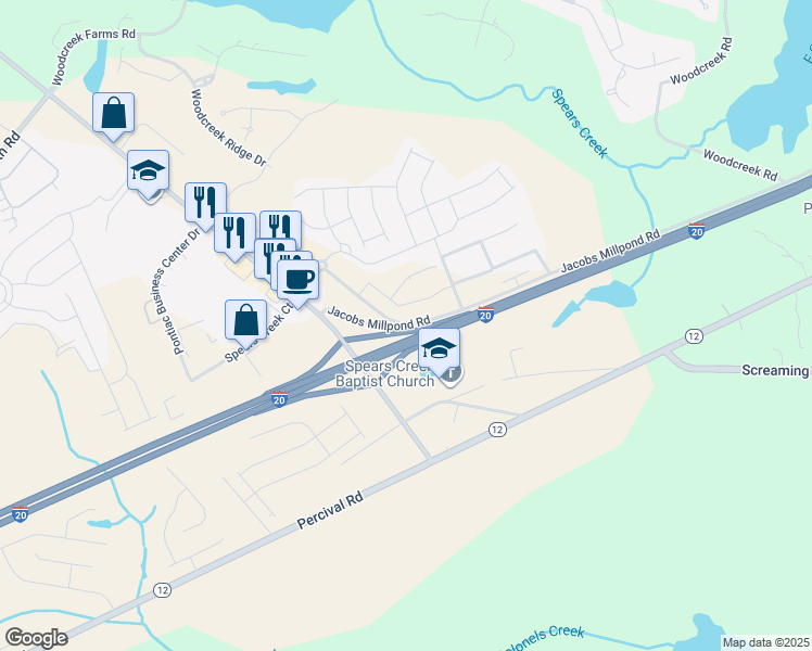 map of restaurants, bars, coffee shops, grocery stores, and more near 769 Jacobs Millpond Road in Columbia
