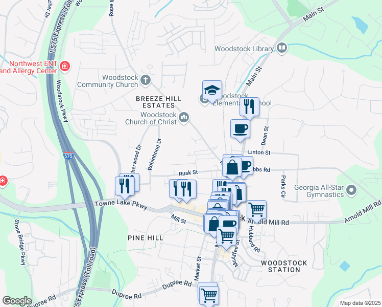 map of restaurants, bars, coffee shops, grocery stores, and more near 1105 Reeves Street in Woodstock