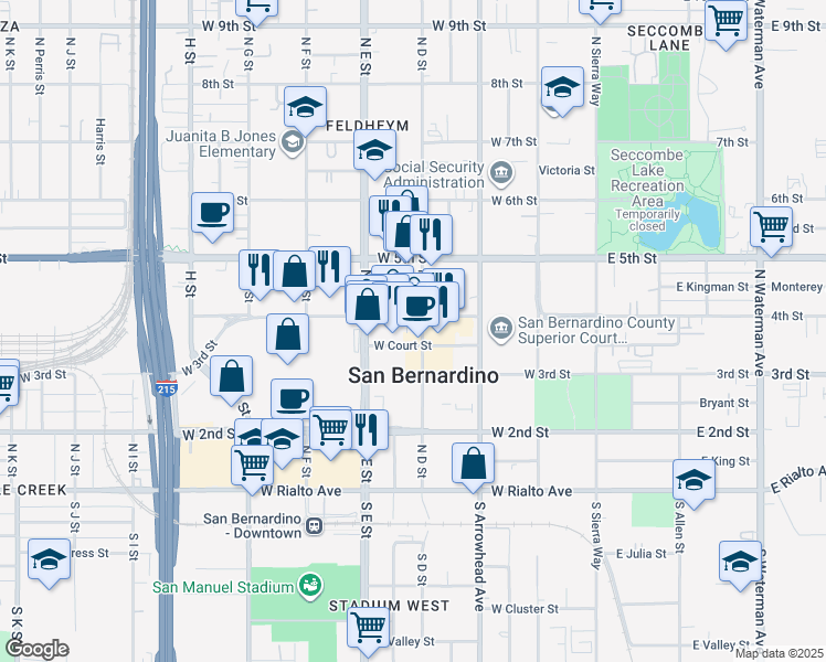 map of restaurants, bars, coffee shops, grocery stores, and more near in San Bernardino