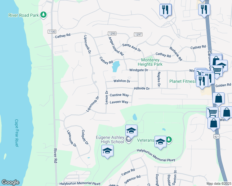 map of restaurants, bars, coffee shops, grocery stores, and more near 623 Castine Way in Wilmington