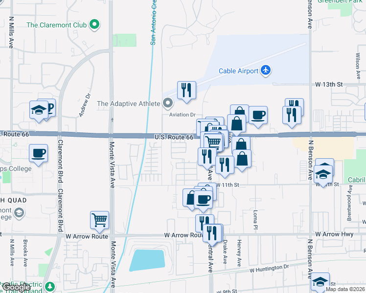 map of restaurants, bars, coffee shops, grocery stores, and more near in Upland