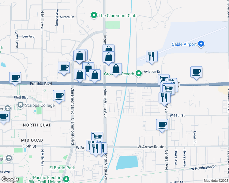 map of restaurants, bars, coffee shops, grocery stores, and more near 936 Monte Vista Avenue in Upland