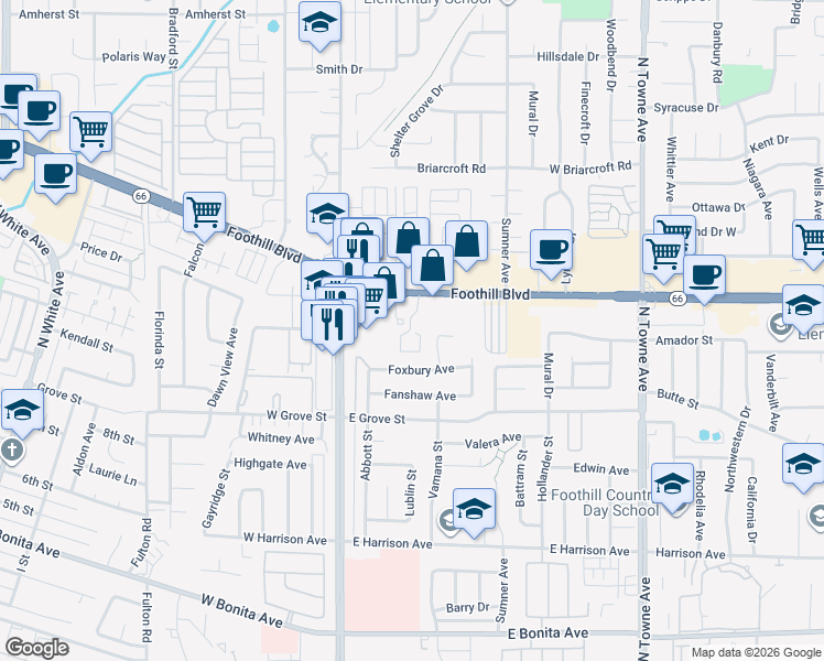 map of restaurants, bars, coffee shops, grocery stores, and more near 3239 Flaxton Street in Pomona