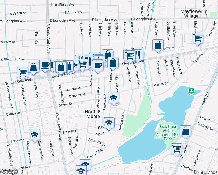 map of restaurants, bars, coffee shops, grocery stores, and more near 5516 Farna Avenue in Arcadia