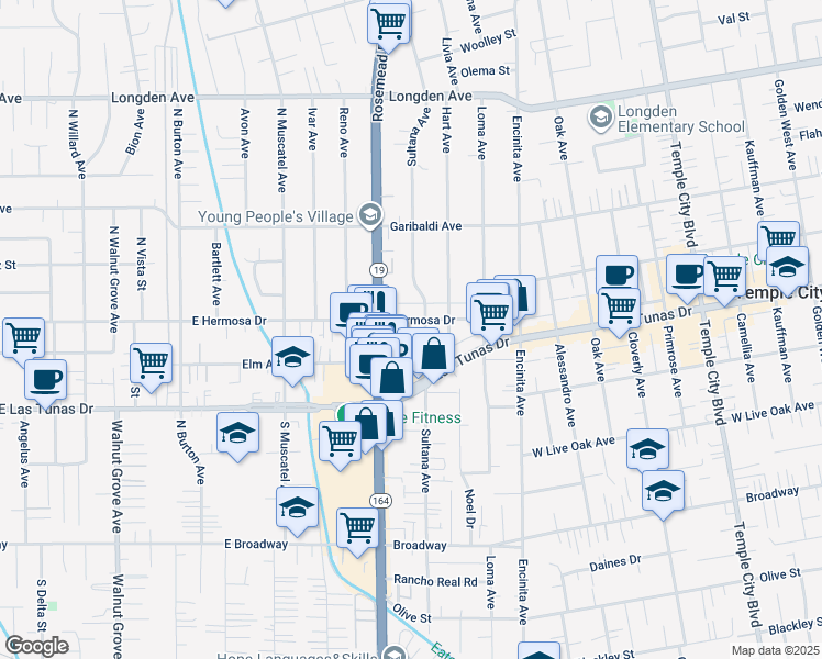 map of restaurants, bars, coffee shops, grocery stores, and more near 5816 Myda Avenue in Temple City