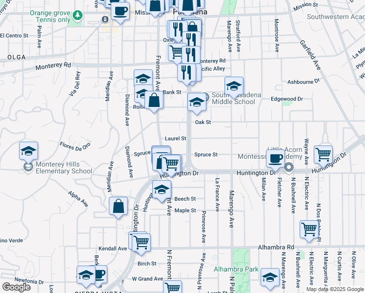 map of restaurants, bars, coffee shops, grocery stores, and more near in South Pasadena