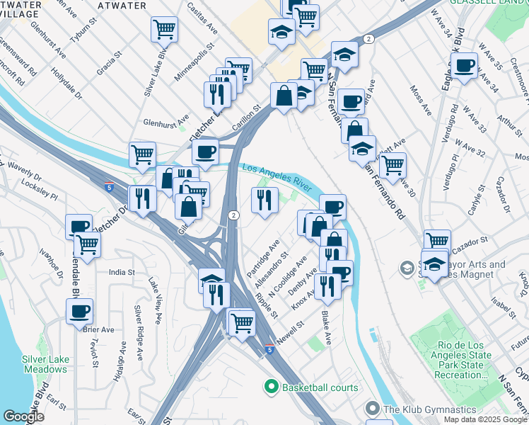 map of restaurants, bars, coffee shops, grocery stores, and more near 2846 Rosanna Street in Los Angeles