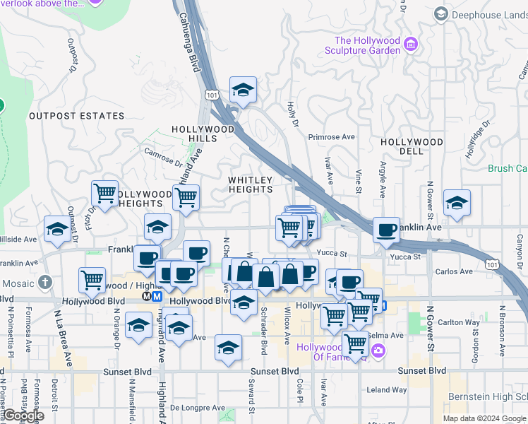 map of restaurants, bars, coffee shops, grocery stores, and more near 1900 Grace Avenue in Los Angeles
