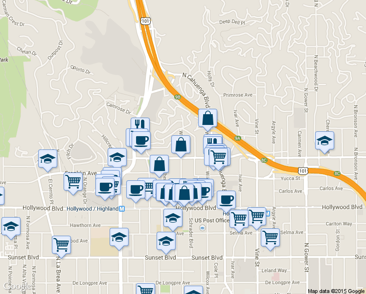 map of restaurants, bars, coffee shops, grocery stores, and more near in Los Angeles