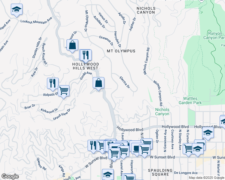 map of restaurants, bars, coffee shops, grocery stores, and more near 1870 Laurel Canyon Road in Los Angeles