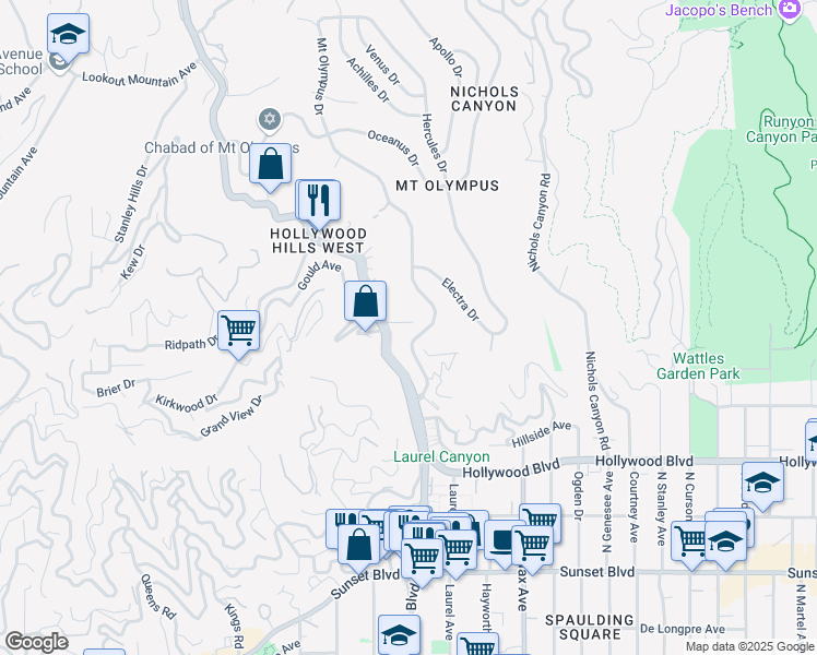 map of restaurants, bars, coffee shops, grocery stores, and more near 1870 Laurel Canyon Road in Los Angeles