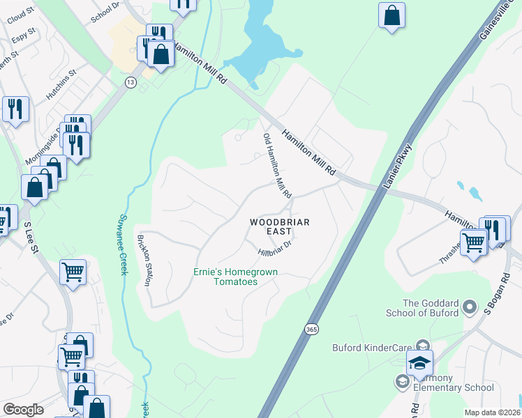 map of restaurants, bars, coffee shops, grocery stores, and more near 2256 Woodbriar Drive in Buford
