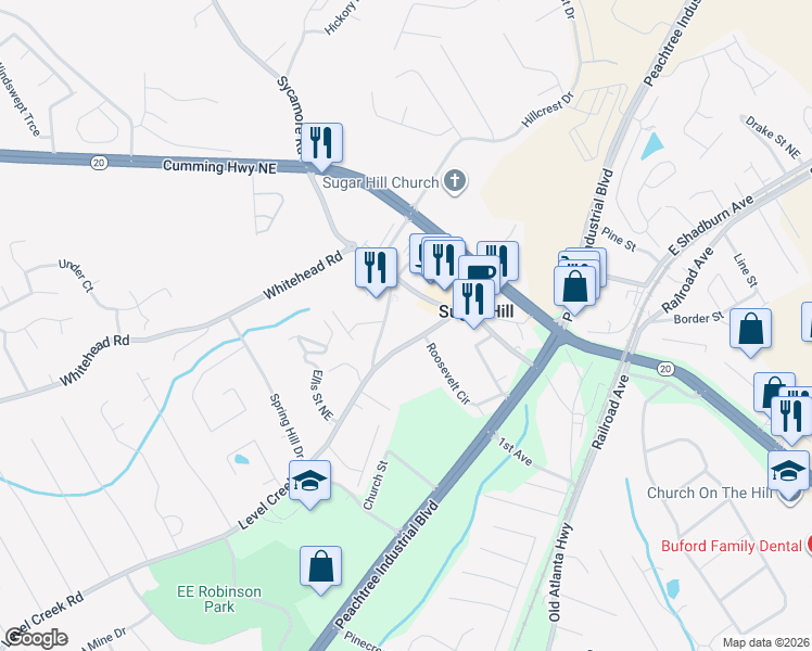 map of restaurants, bars, coffee shops, grocery stores, and more near 5010 West Broad Street Northeast in Sugar Hill