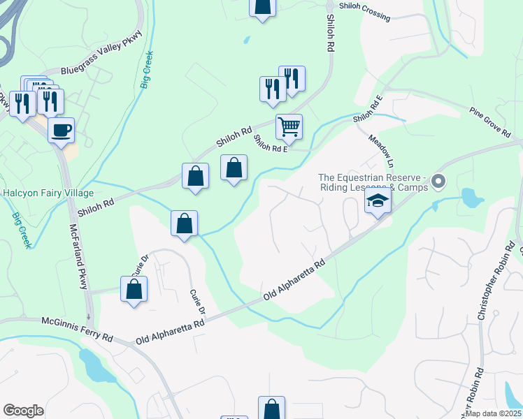 map of restaurants, bars, coffee shops, grocery stores, and more near 1360 Woodvine Way in Alpharetta