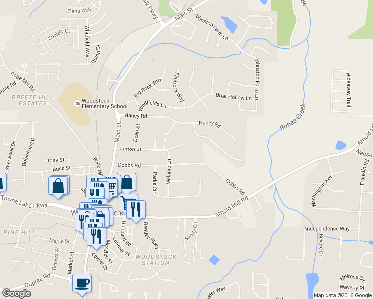 map of restaurants, bars, coffee shops, grocery stores, and more near in Woodstock