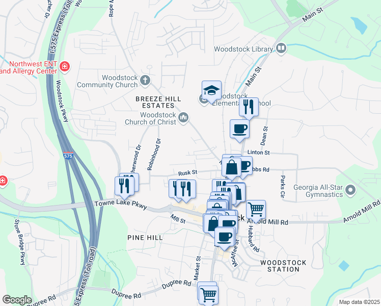 map of restaurants, bars, coffee shops, grocery stores, and more near 1105 Reeves Street in Woodstock