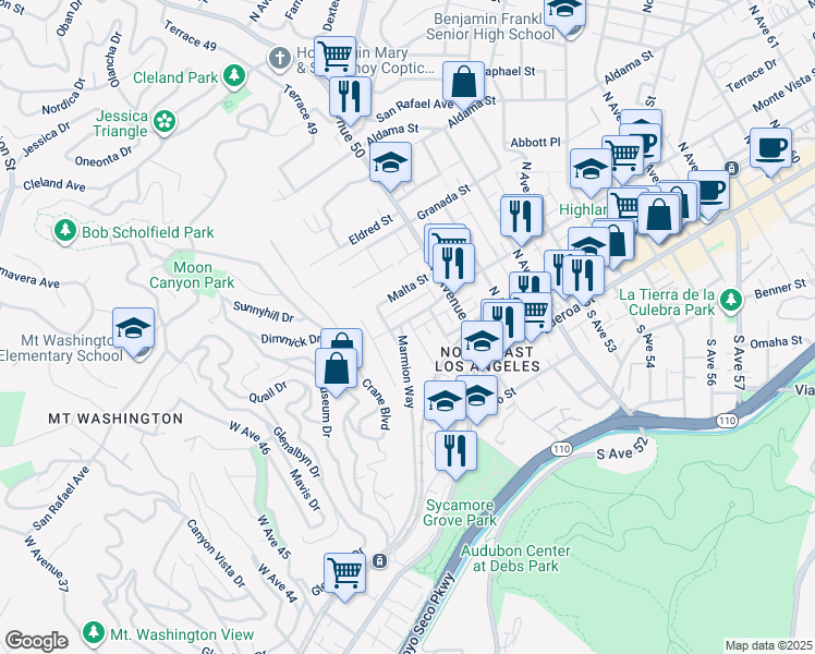 map of restaurants, bars, coffee shops, grocery stores, and more near 258 North Avenue 49 in Los Angeles