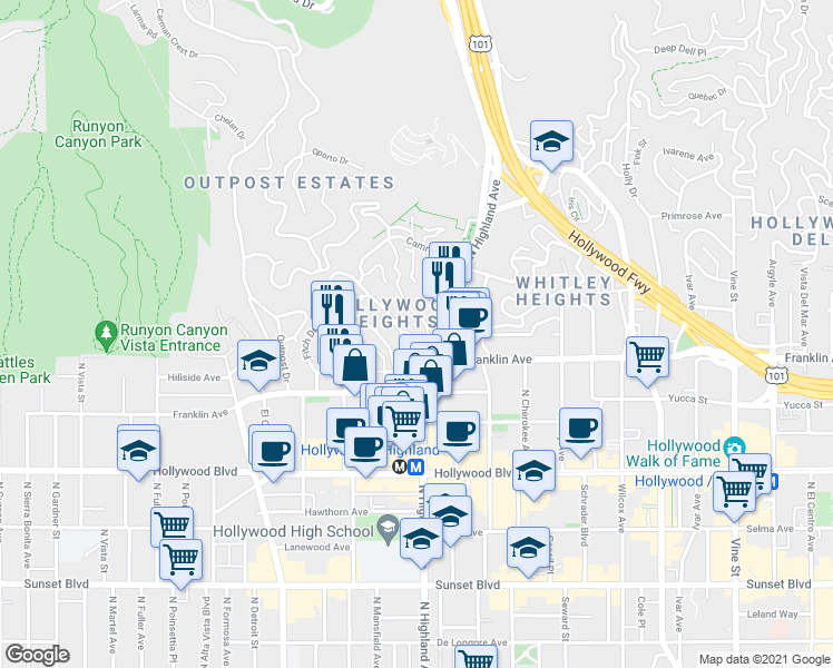 map of restaurants, bars, coffee shops, grocery stores, and more near 1947 Glencoe Way in Los Angeles