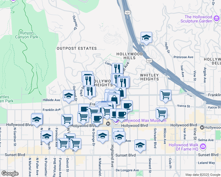 map of restaurants, bars, coffee shops, grocery stores, and more near 1947 Glencoe Way in Los Angeles