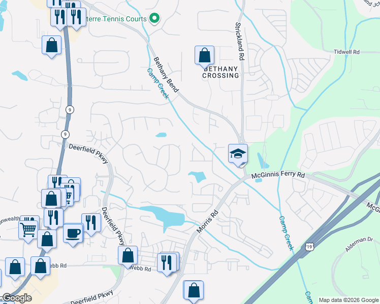 map of restaurants, bars, coffee shops, grocery stores, and more near 13546 Aventide Lane in Alpharetta