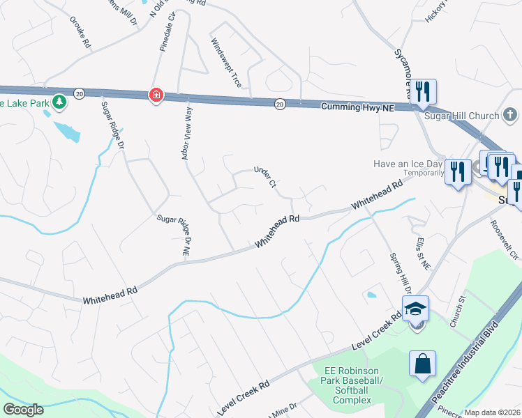 map of restaurants, bars, coffee shops, grocery stores, and more near 5239 Pine Branch Court in Sugar Hill