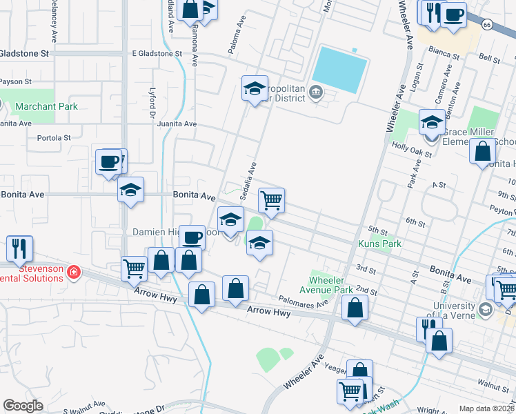 map of restaurants, bars, coffee shops, grocery stores, and more near 1231 Bonita Avenue in La Verne