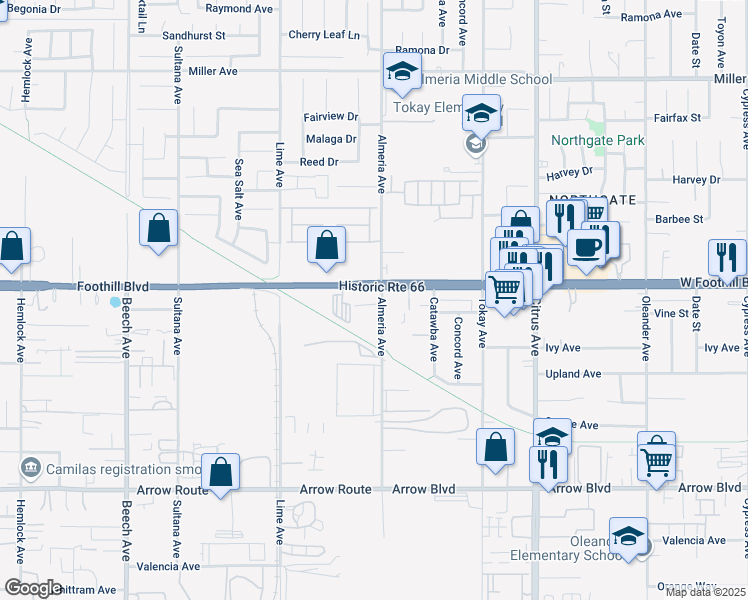 map of restaurants, bars, coffee shops, grocery stores, and more near 15797 Foothill Boulevard in Fontana
