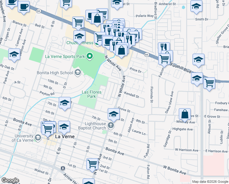 map of restaurants, bars, coffee shops, grocery stores, and more near 3036 Knollwood Avenue in La Verne