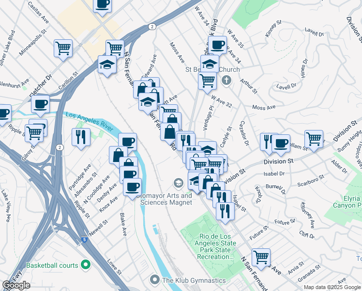 map of restaurants, bars, coffee shops, grocery stores, and more near 2347 North San Fernando Road in Los Angeles
